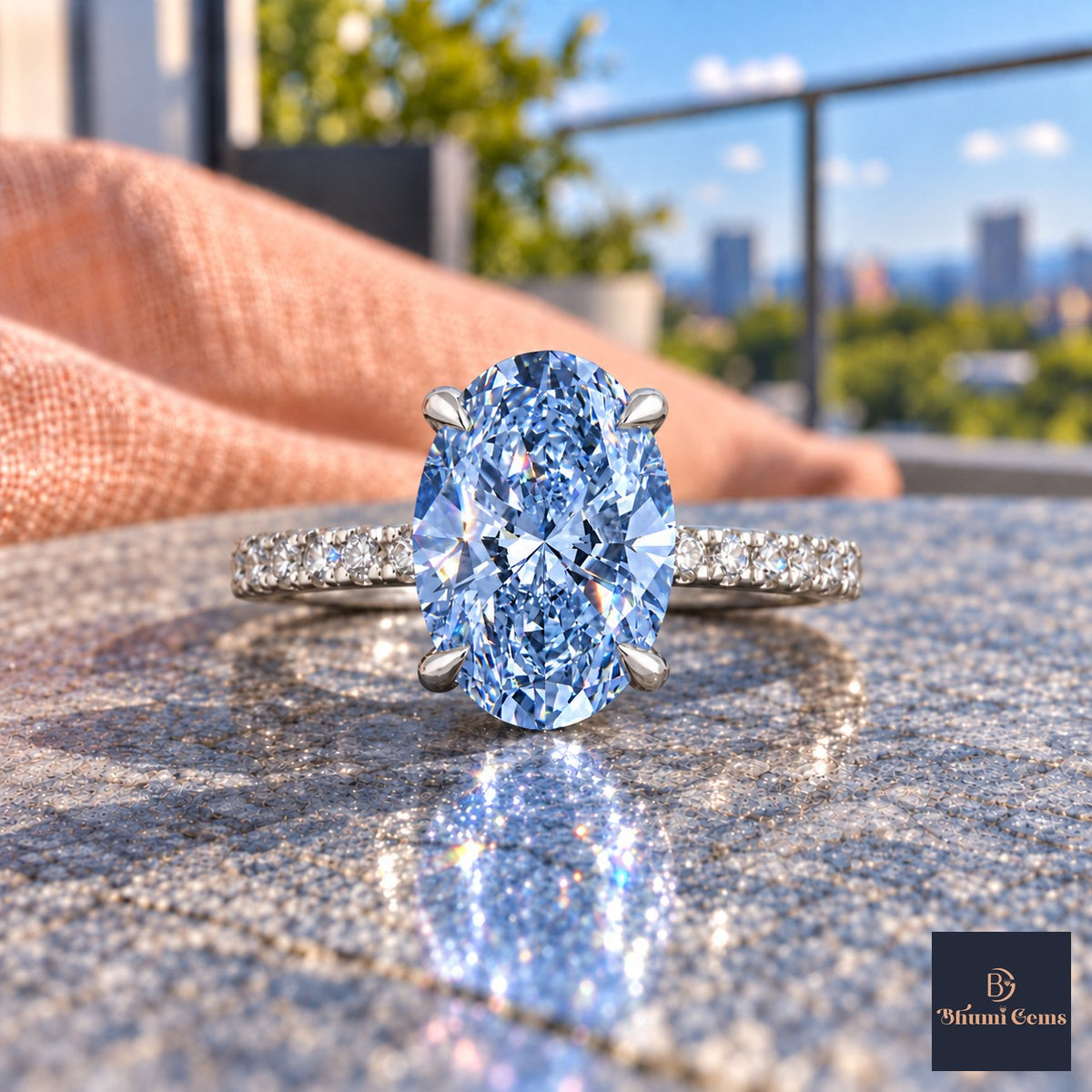 Blue Oval Cut Lab Grown Diamond Engagement Ring - Thin Pave Band in white gold, close-up
