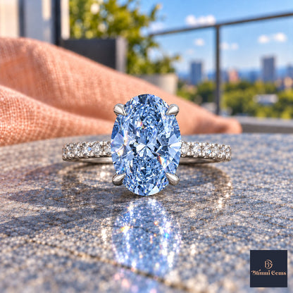 Blue Oval Cut Lab Grown Diamond Engagement Ring - Thin Pave Band in white gold, close-up