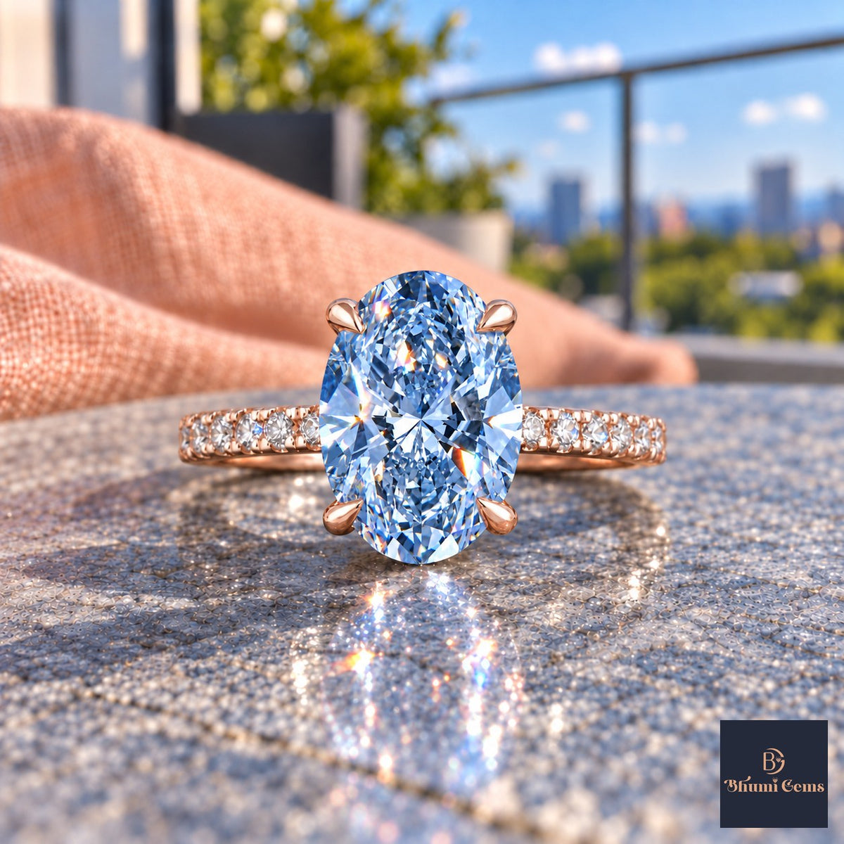 Blue Oval Cut Lab Grown Diamond Engagement Ring - Thin Pave Band in rose gold, close-up