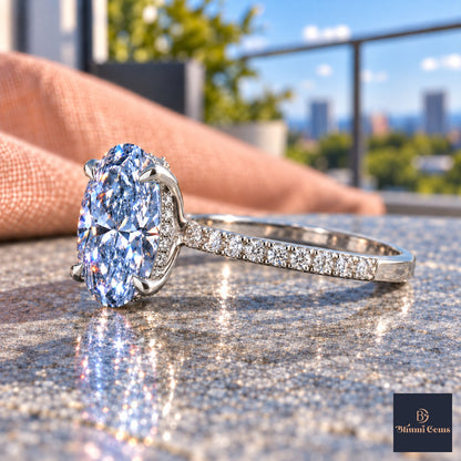 Blue Oval Cut Lab Grown Diamond Engagement Ring - Thin Pave Band in white gold, side view