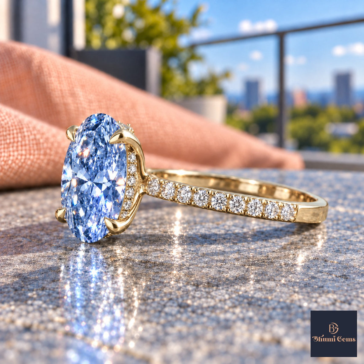 Blue Oval Cut Lab Grown Diamond Engagement Ring - Thin Pave Band in yellow gold, side view