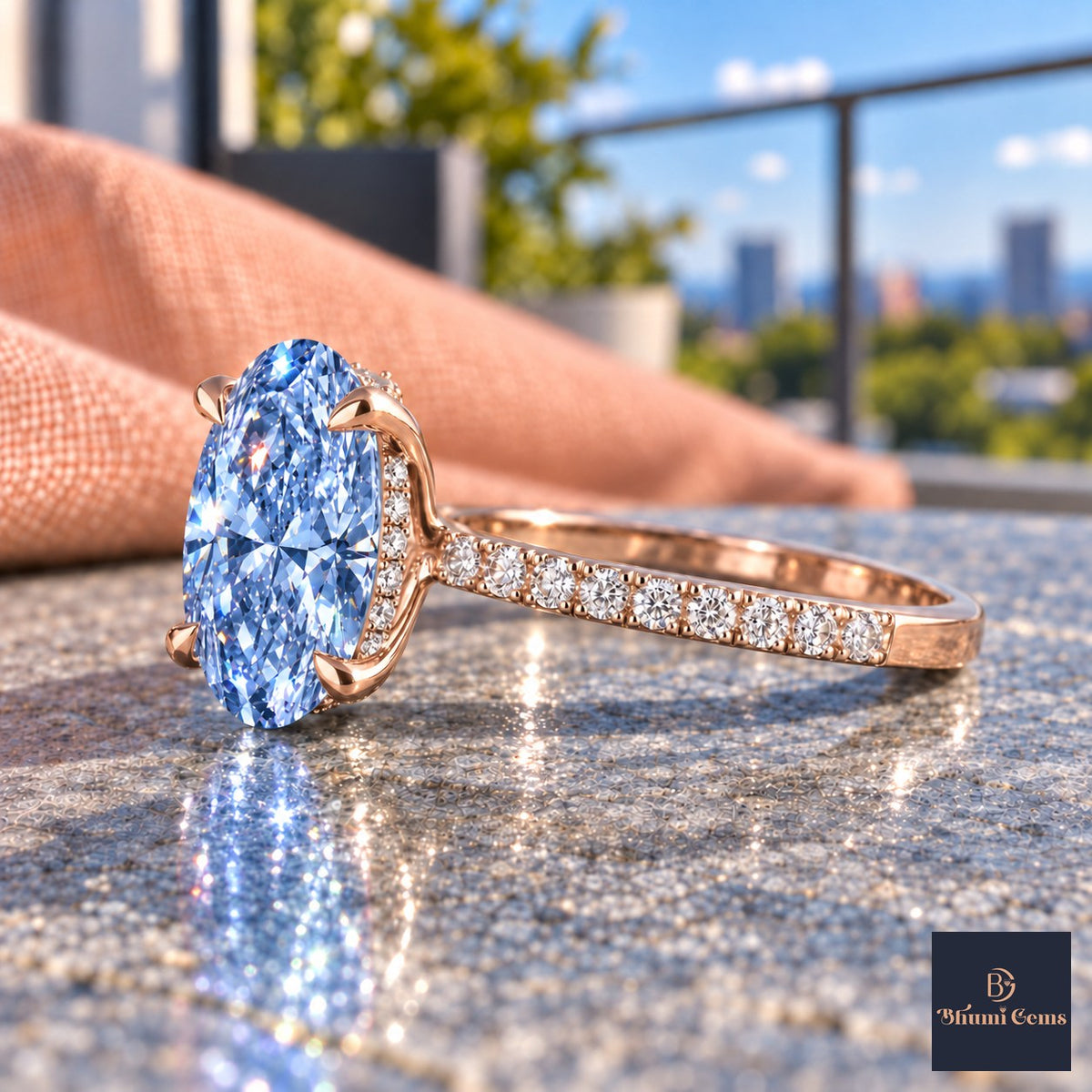 Blue Oval Cut Lab Grown Diamond Engagement Ring - Thin Pave Band in rose gold, side view