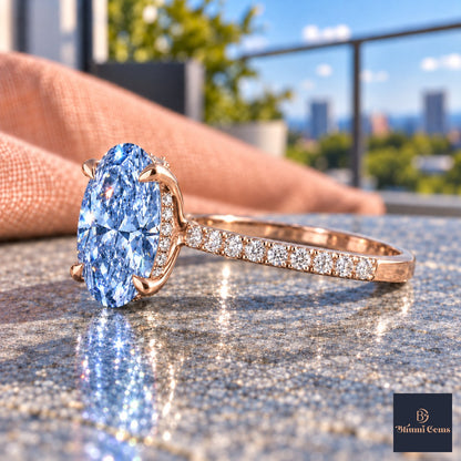 Blue Oval Cut Lab Grown Diamond Engagement Ring - Thin Pave Band in rose gold, side view