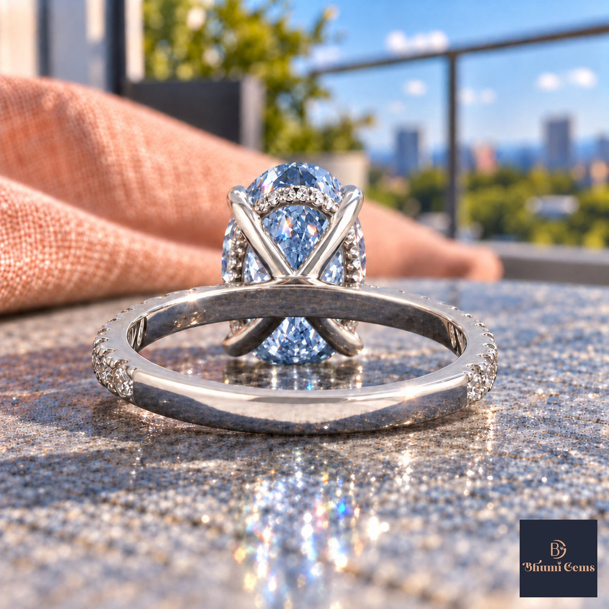 Blue Oval Cut Lab Grown Diamond Engagement Ring - Thin Pave Band in white gold, gallery view