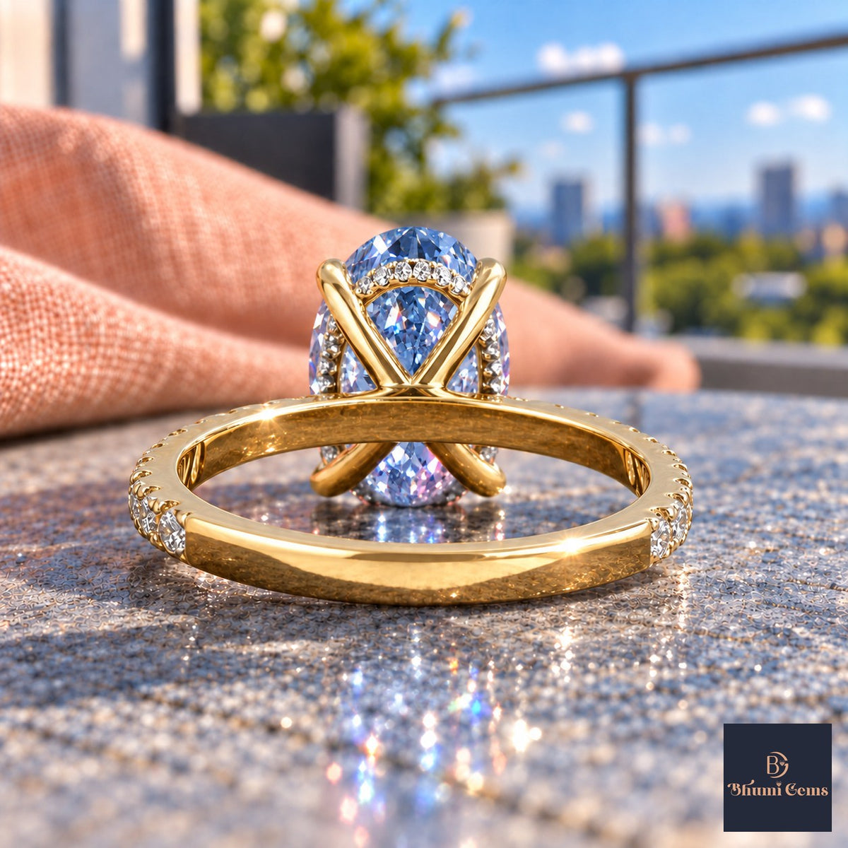 Blue Oval Cut Lab Grown Diamond Engagement Ring - Thin Pave Band in yellow gold, gallery view