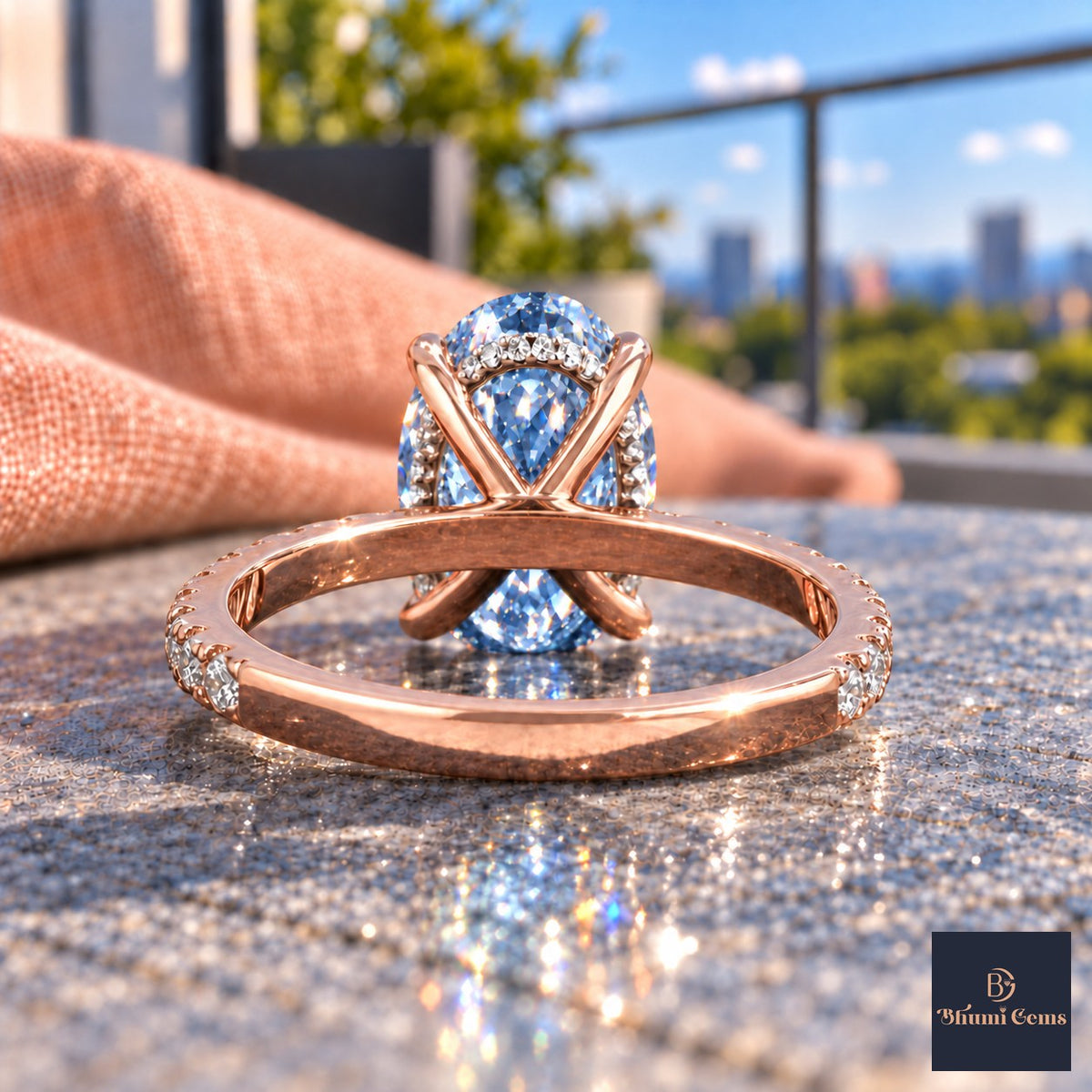 Blue Oval Cut Lab Grown Diamond Engagement Ring - Thin Pave Band in rose gold, gallery view