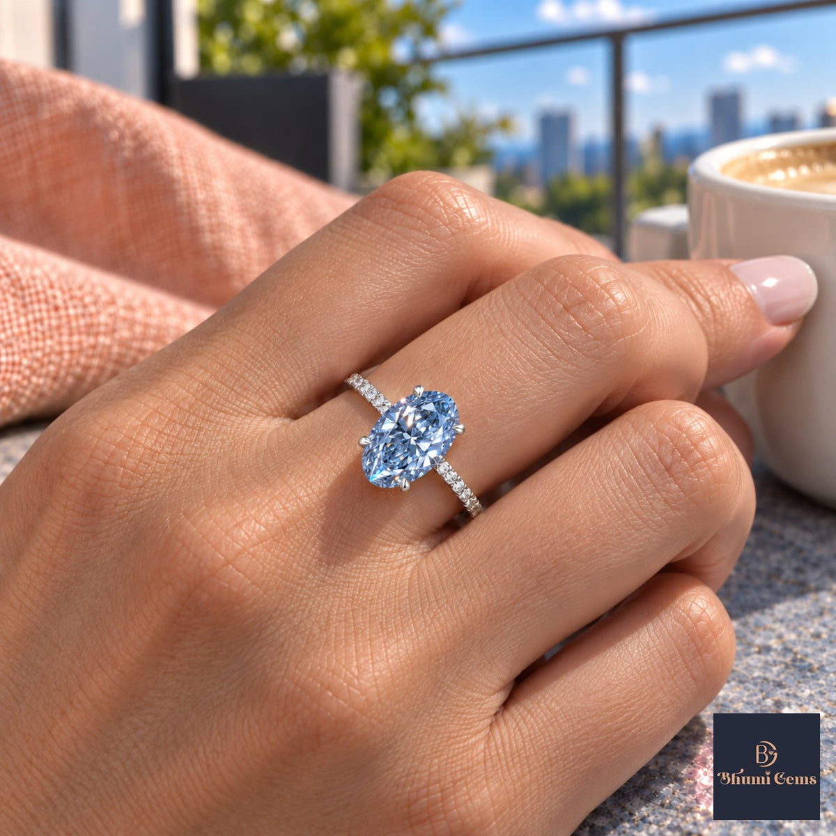Blue Oval Cut Lab Grown Diamond Engagement Ring - Thin Pave Band in white gold, on the hand