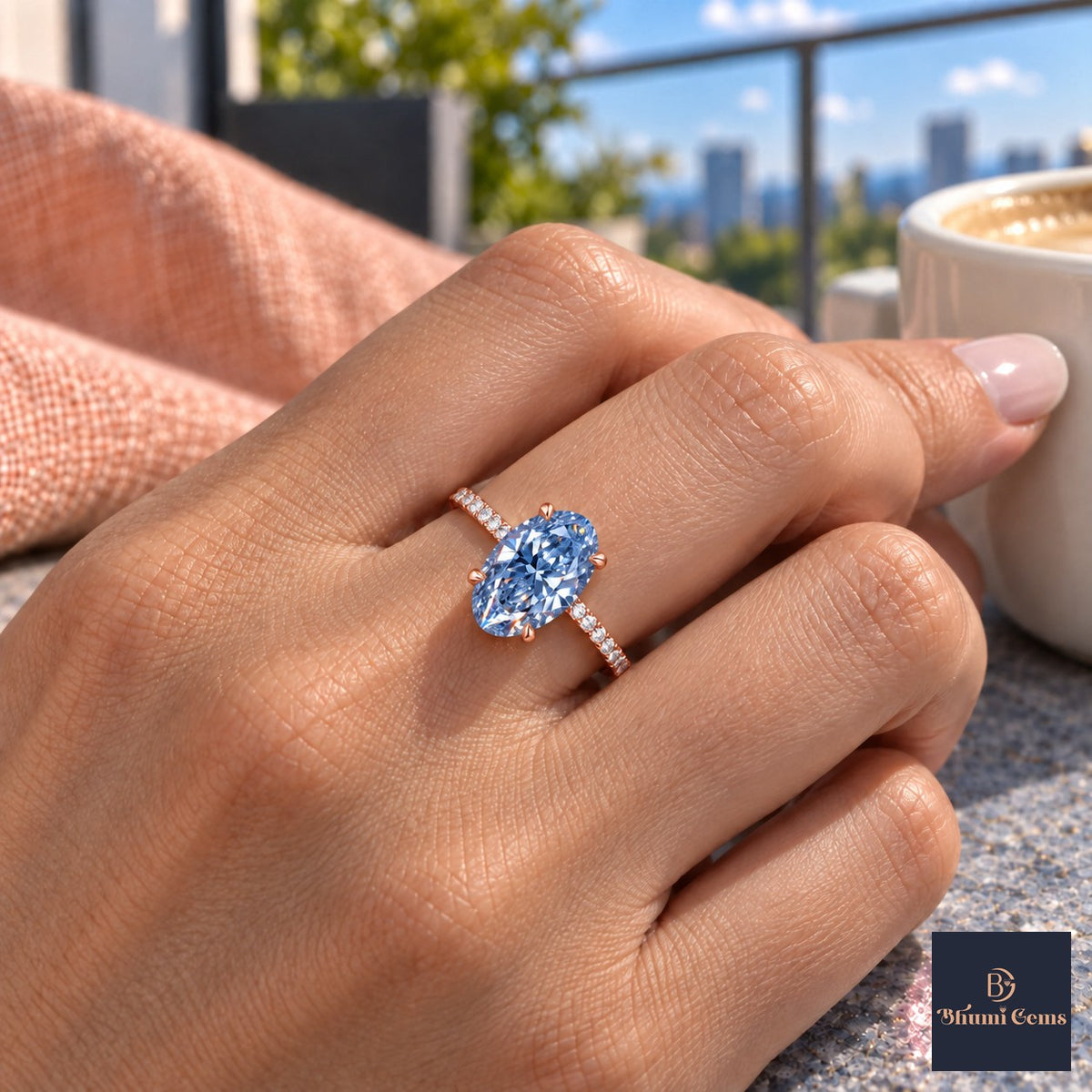 Blue Oval Cut Lab Grown Diamond Engagement Ring - Thin Pave Band in rose gold, on the hand