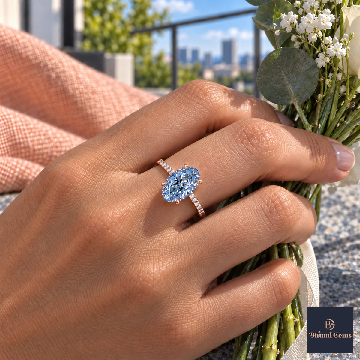 Blue Oval Cut Lab Grown Diamond Engagement Ring - Thin Pave Band in rose gold, worn on the hand
