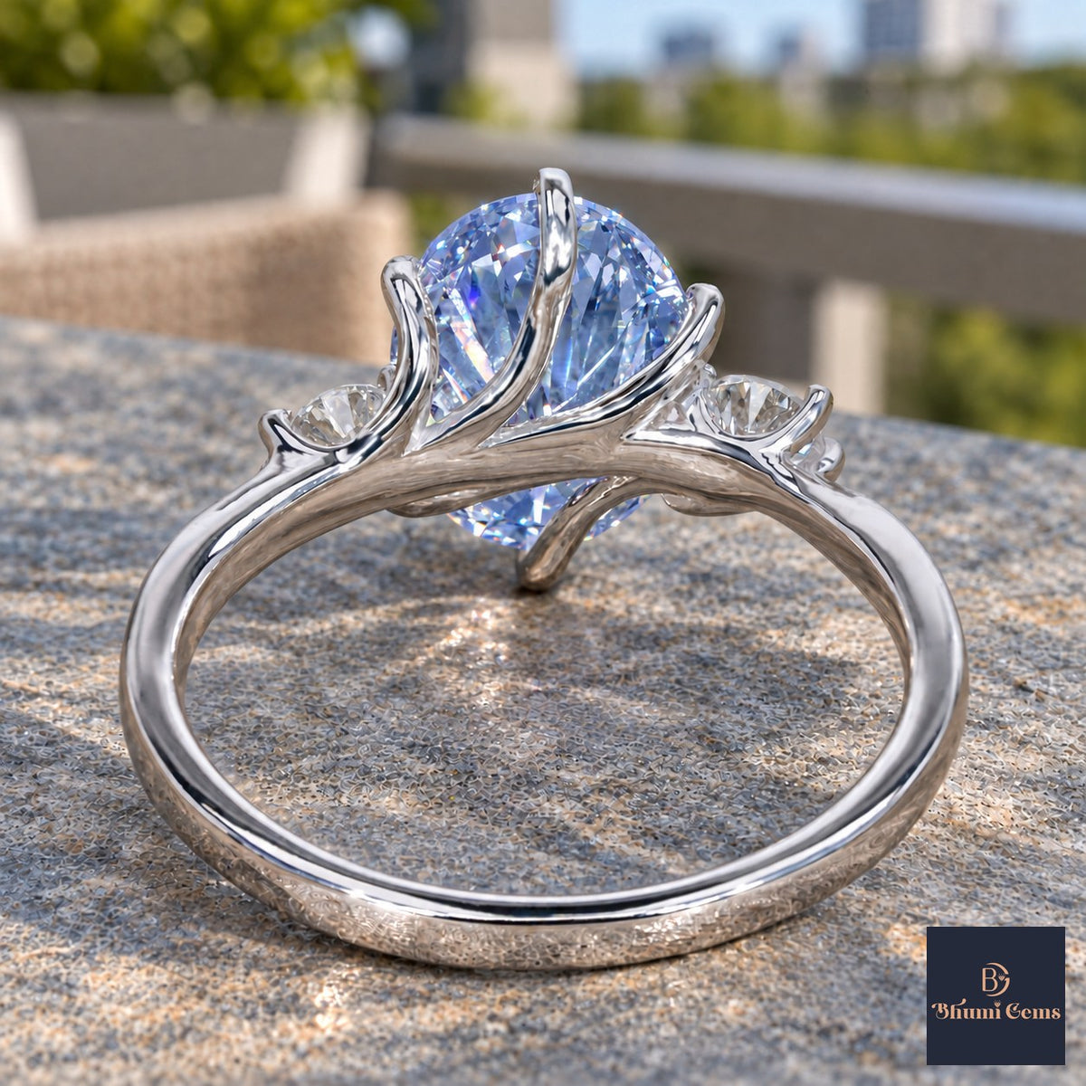 Blue Oval Cut Lab Grown Diamond Engagement Ring - Three Stone in white gold, gallery view