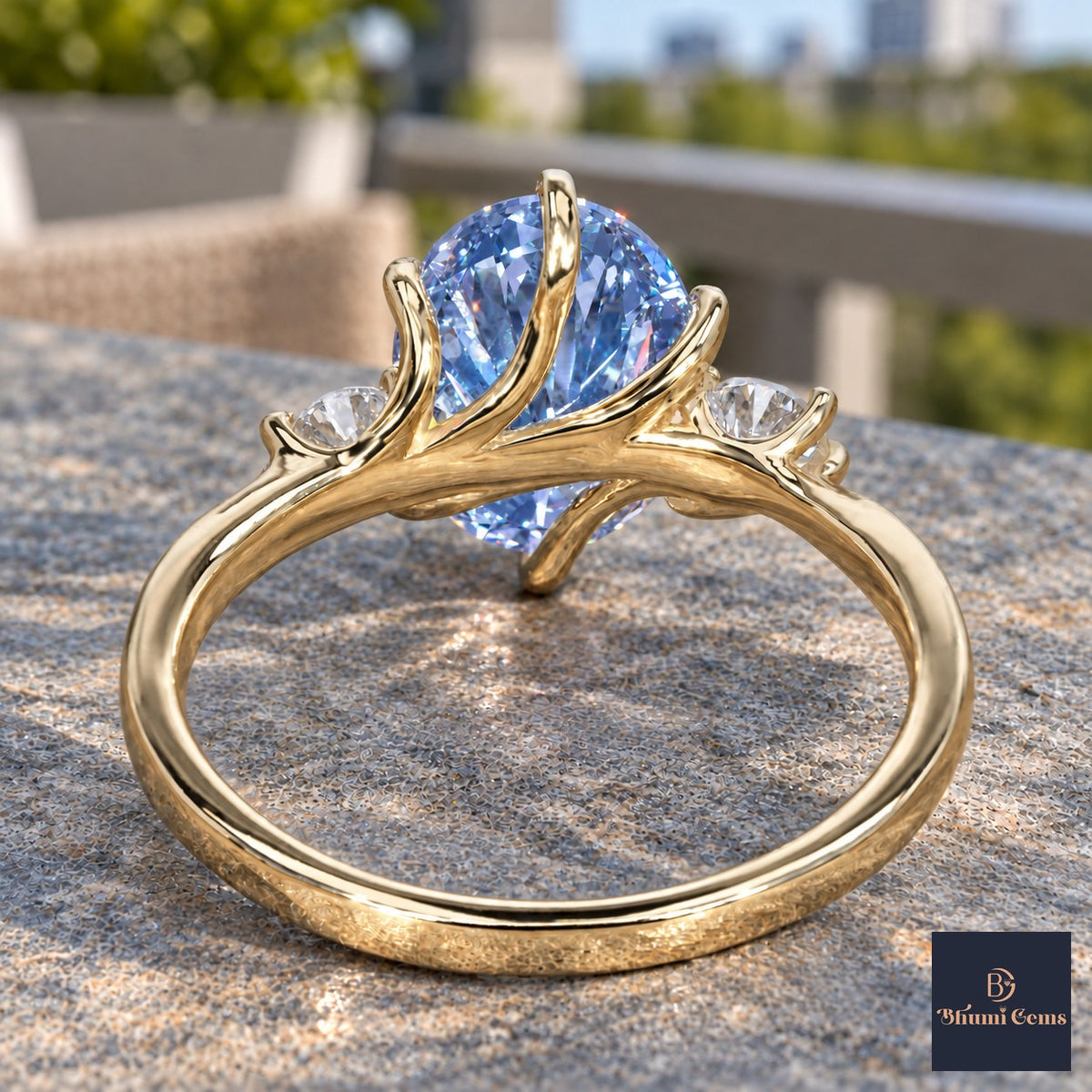 Blue Oval Cut Lab Grown Diamond Engagement Ring - Three Stone in yellow gold, gallery view