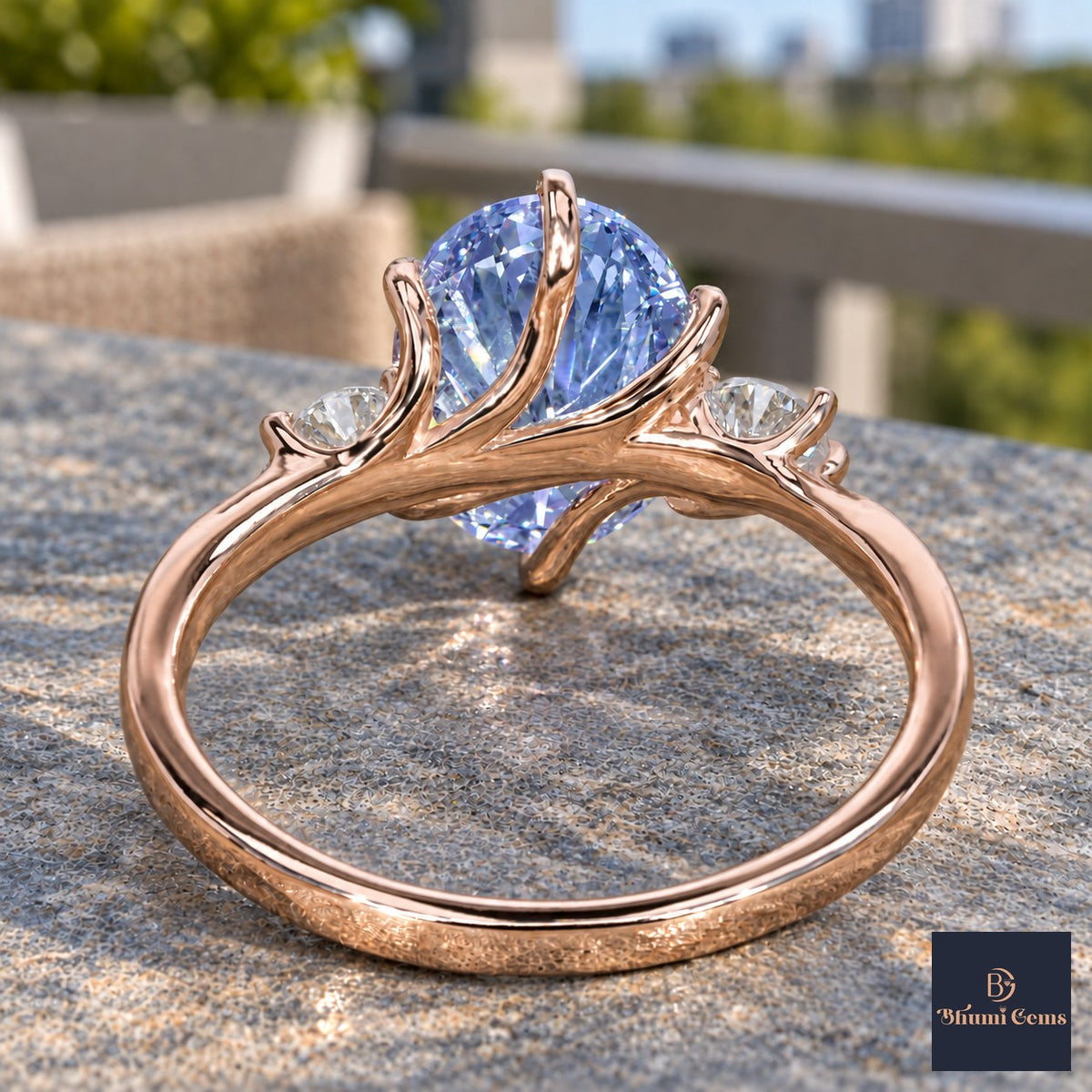 Blue Oval Cut Lab Grown Diamond Engagement Ring - Three Stone in rose gold, gallery view