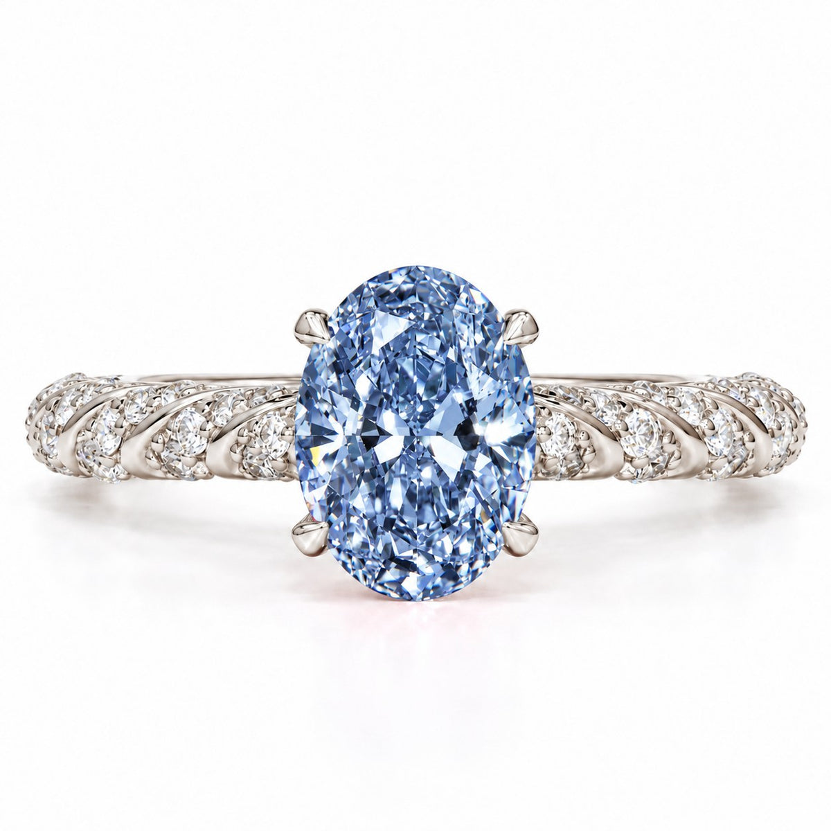 Blue Oval Cut Lab Grown Diamond Engagement Ring - Twisted Rope Band in white gold, front view