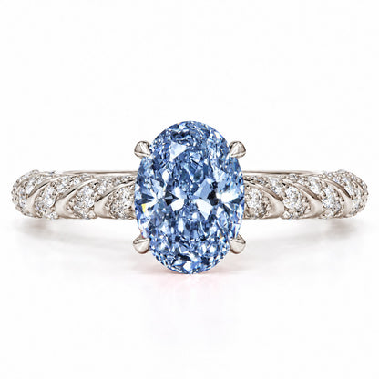 Blue Oval Cut Lab Grown Diamond Engagement Ring - Twisted Rope Band in white gold, front view