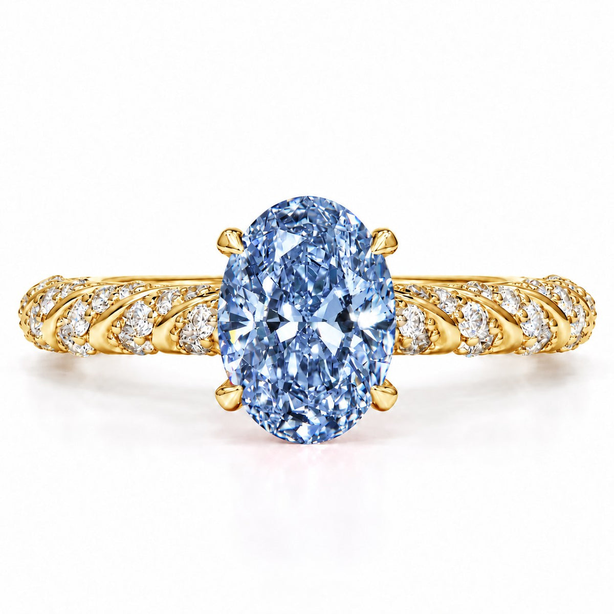 Blue Oval Cut Lab Grown Diamond Engagement Ring - Twisted Rope Band in yellow gold, front view