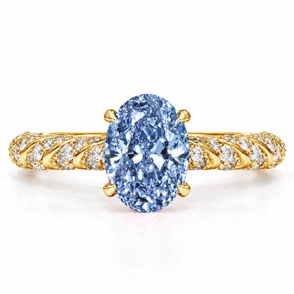 Blue Oval Cut Lab Grown Diamond Engagement Ring - Twisted Rope Band in yellow gold, front view