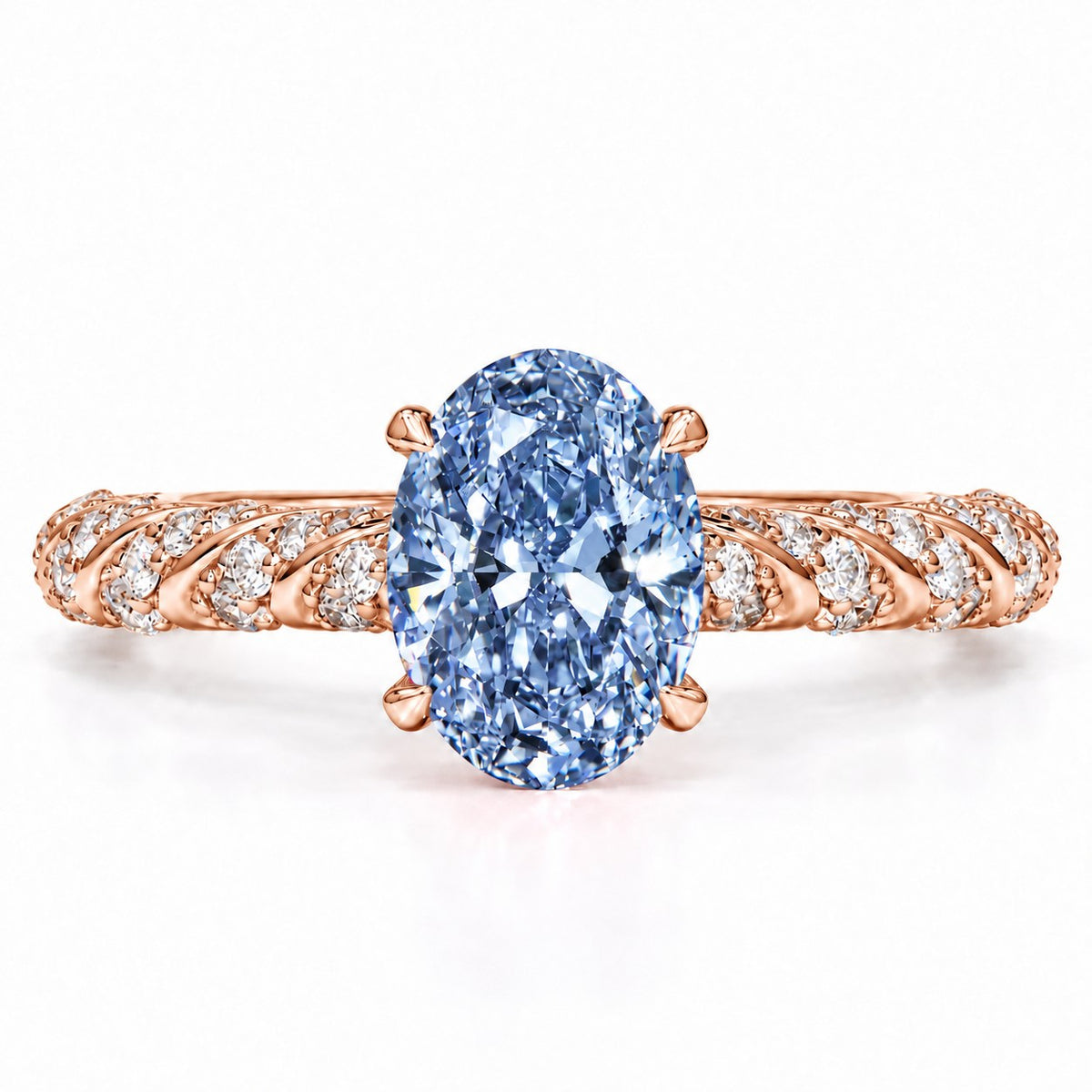 Blue Oval Cut Lab Grown Diamond Engagement Ring - Twisted Rope Band in rose gold, front view