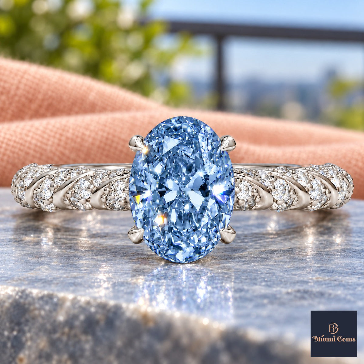 Blue Oval Cut Lab Grown Diamond Engagement Ring - Twisted Rope Band in white gold, close-up