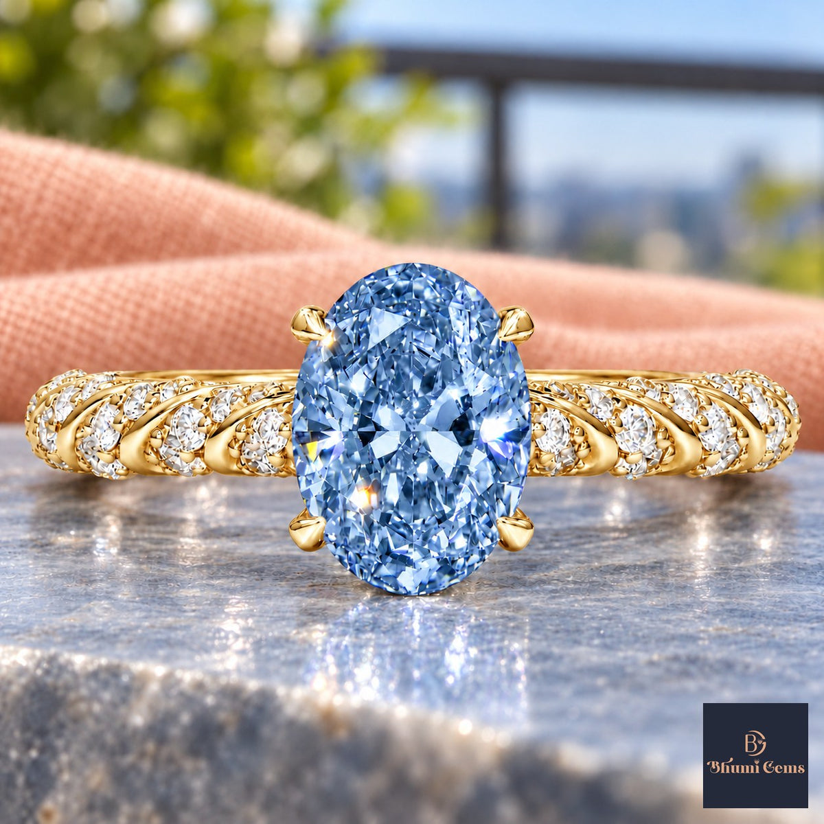 Blue Oval Cut Lab Grown Diamond Engagement Ring - Twisted Rope Band in yellow gold, close-up