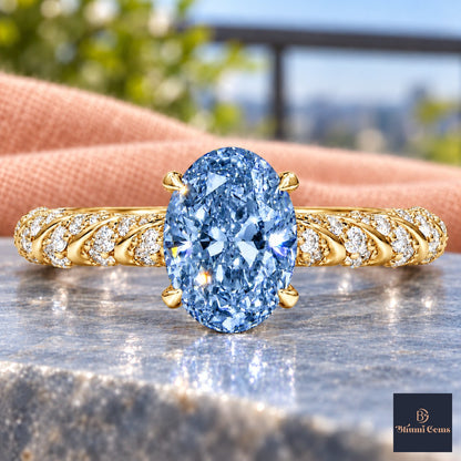 Blue Oval Cut Lab Grown Diamond Engagement Ring - Twisted Rope Band in yellow gold, close-up