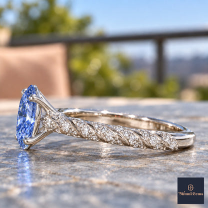 Blue Oval Cut Lab Grown Diamond Engagement Ring - Twisted Rope Band in white gold, side view