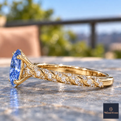 Blue Oval Cut Lab Grown Diamond Engagement Ring - Twisted Rope Band in yellow gold, side view