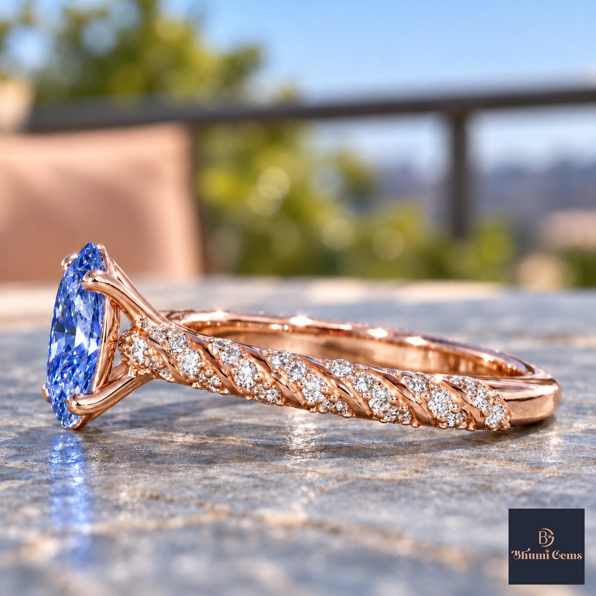 Blue Oval Cut Lab Grown Diamond Engagement Ring - Twisted Rope Band in rose gold, side view