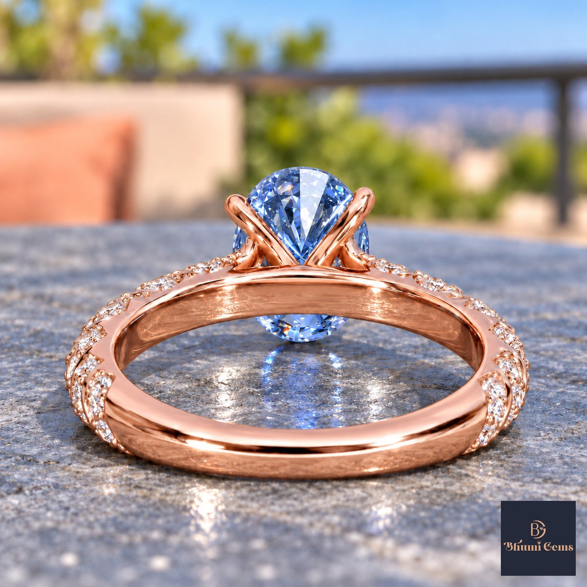 Blue Oval Cut Lab Grown Diamond Engagement Ring - Twisted Rope Band in rose gold, gallery view