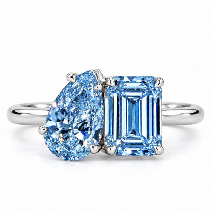 Blue Pear and Emerald Cut Lab Grown Diamond Engagement Ring - Toi et Moi in white gold, front view