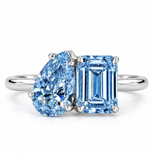 Blue Pear and Emerald Cut Lab Grown Diamond Engagement Ring - Toi et Moi in white gold, front view