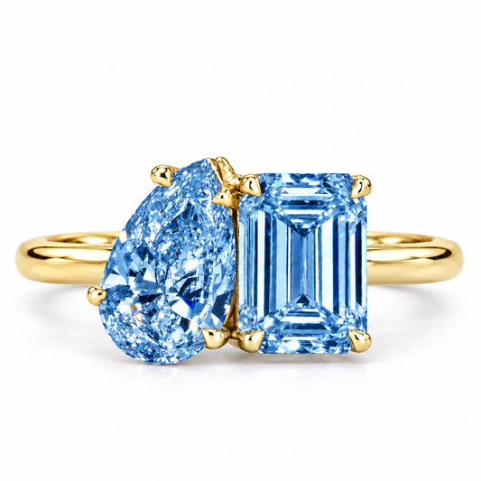 Blue Pear and Emerald Cut Lab Grown Diamond Engagement Ring - Toi et Moi in yellow gold, front view