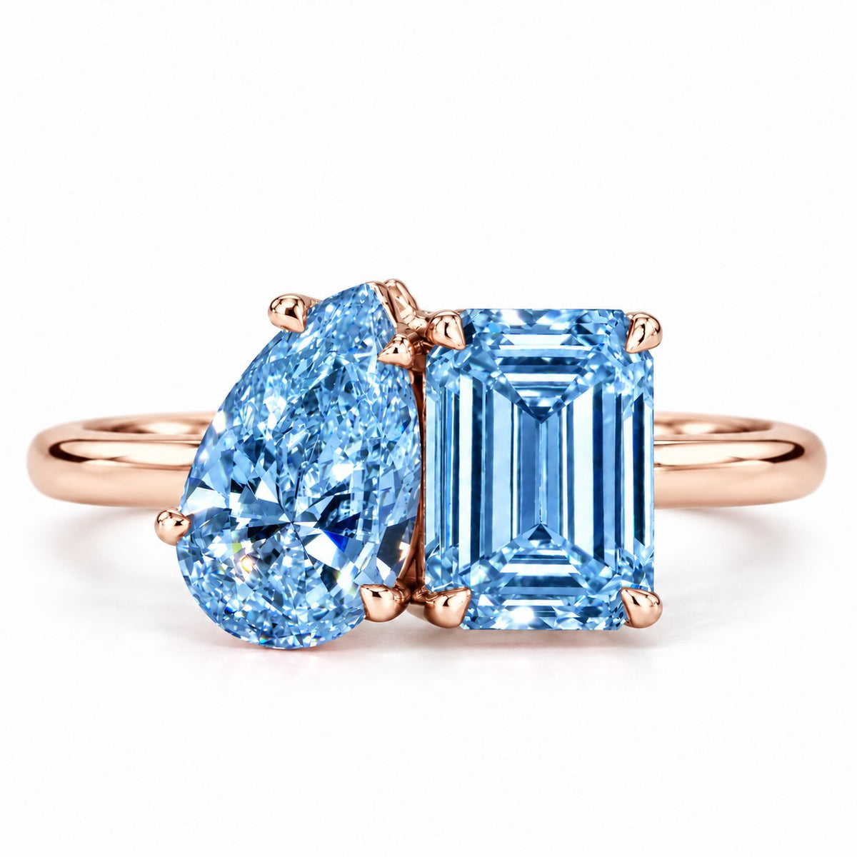Blue Pear and Emerald Cut Lab Grown Diamond Engagement Ring - Toi et Moi in rose gold, front view