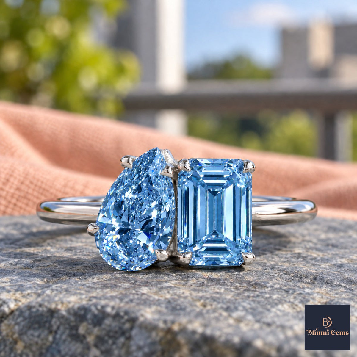 Blue Pear and Emerald Cut Lab Grown Diamond Engagement Ring - Toi et Moi in white gold, close-up