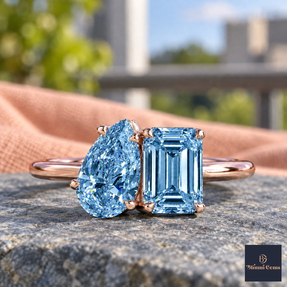 Blue Pear and Emerald Cut Lab Grown Diamond Engagement Ring - Toi et Moi in rose gold, close-up