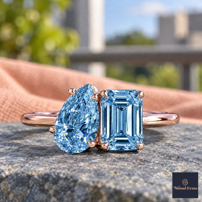 Blue Pear and Emerald Cut Lab Grown Diamond Engagement Ring - Toi et Moi in rose gold, close-up
