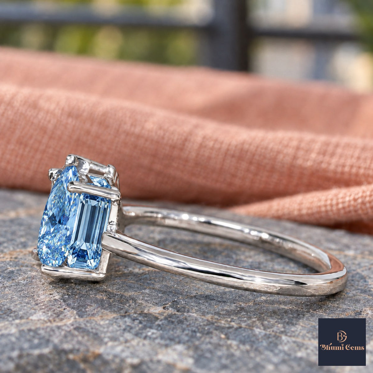 Blue Pear and Emerald Cut Lab Grown Diamond Engagement Ring - Toi et Moi in white gold, side view