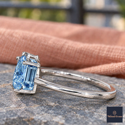 Blue Pear and Emerald Cut Lab Grown Diamond Engagement Ring - Toi et Moi in white gold, side view