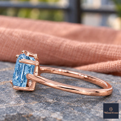 Blue Pear and Emerald Cut Lab Grown Diamond Engagement Ring - Toi et Moi in rose gold, side view