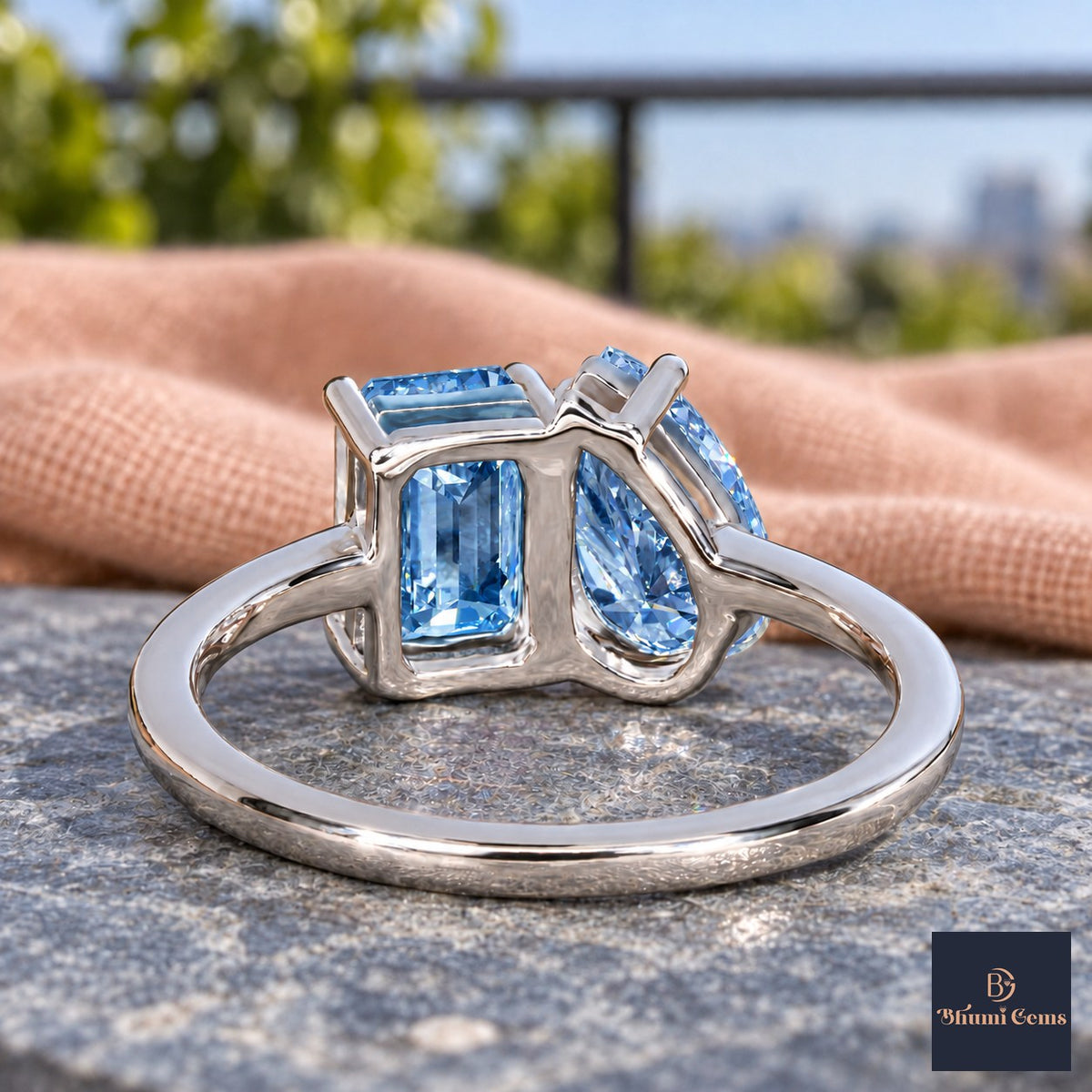 Blue Pear and Emerald Cut Lab Grown Diamond Engagement Ring - Toi et Moi in white gold, gallery view