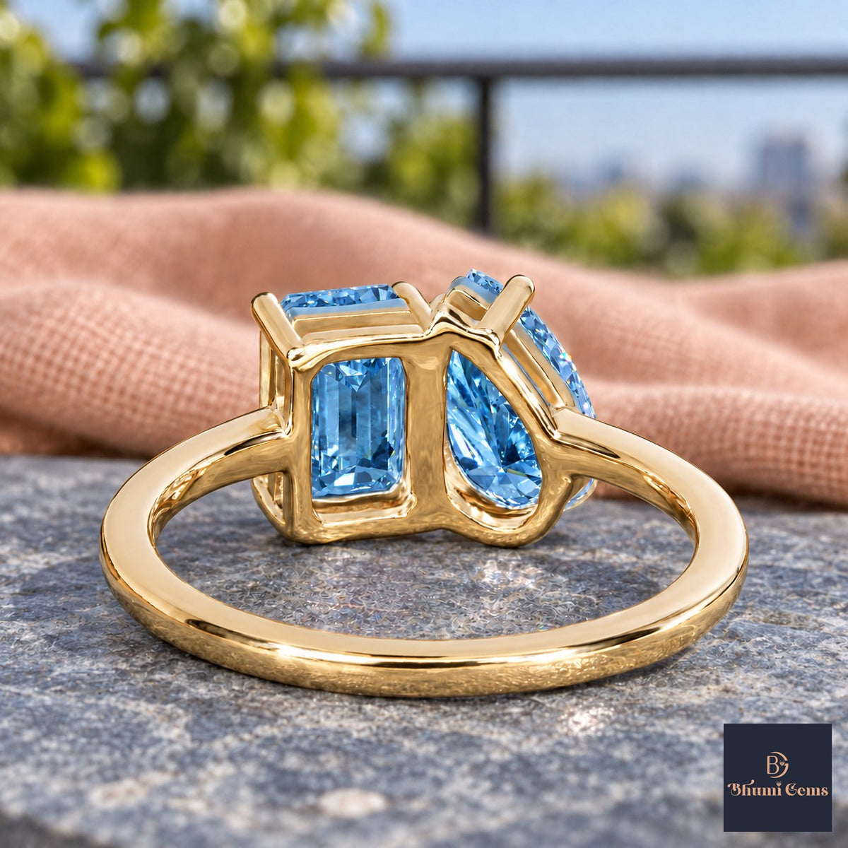 Blue Pear and Emerald Cut Lab Grown Diamond Engagement Ring - Toi et Moi in yellow gold, gallery view