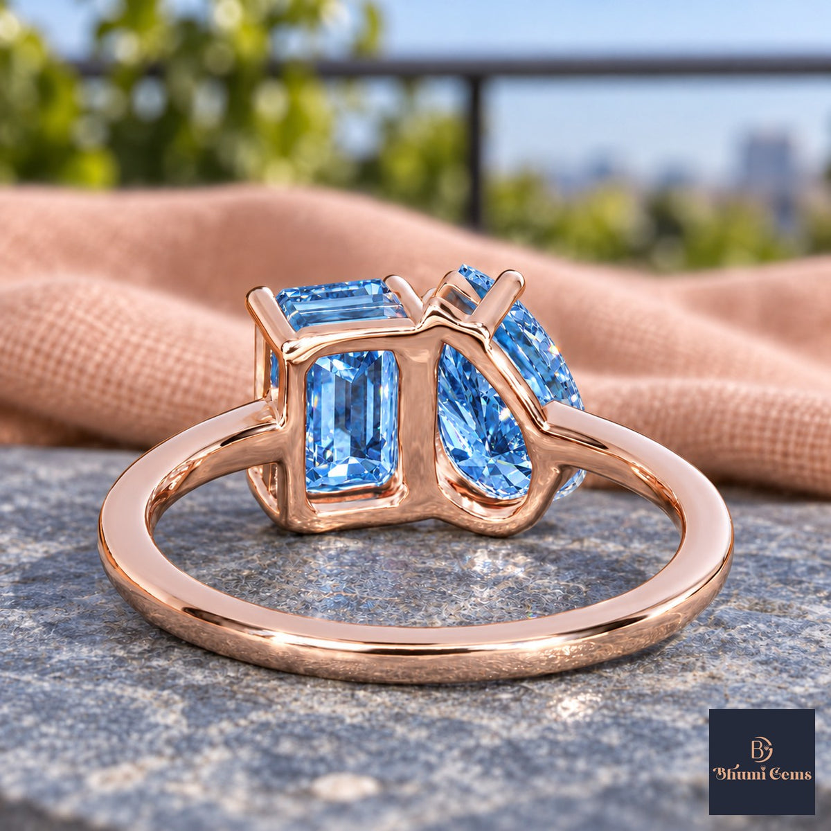 Blue Pear and Emerald Cut Lab Grown Diamond Engagement Ring - Toi et Moi in rose gold, gallery view
