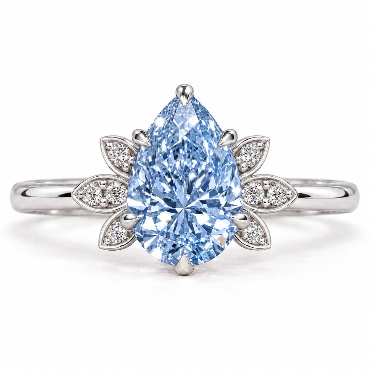 Blue Pear Cut Lab Grown Diamond Engagement Ring - Floral Leaf Accents in white gold, front view