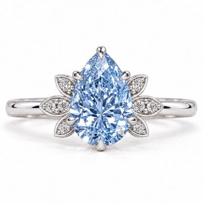 Blue Pear Cut Lab Grown Diamond Engagement Ring - Floral Leaf Accents in white gold, front view