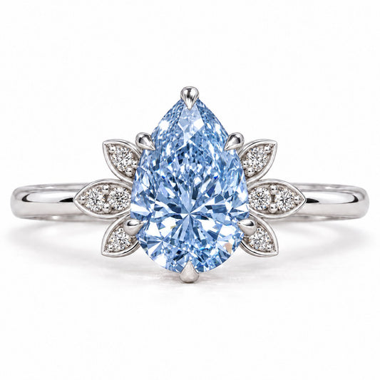 Blue Pear Cut Lab Grown Diamond Engagement Ring - Floral Leaf Accents in white gold, front view