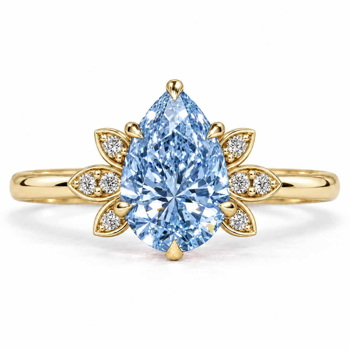 Blue Pear Cut Lab Grown Diamond Engagement Ring - Floral Leaf Accents in yellow gold, front view