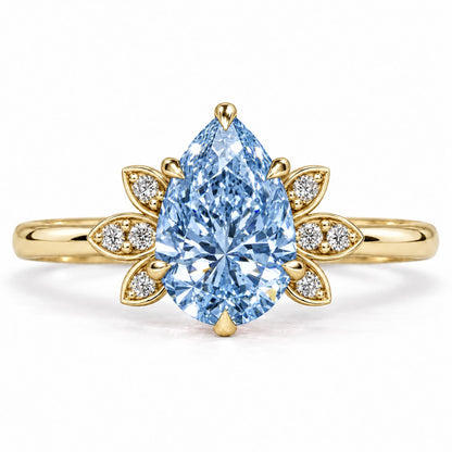 Blue Pear Cut Lab Grown Diamond Engagement Ring - Floral Leaf Accents in yellow gold, front view