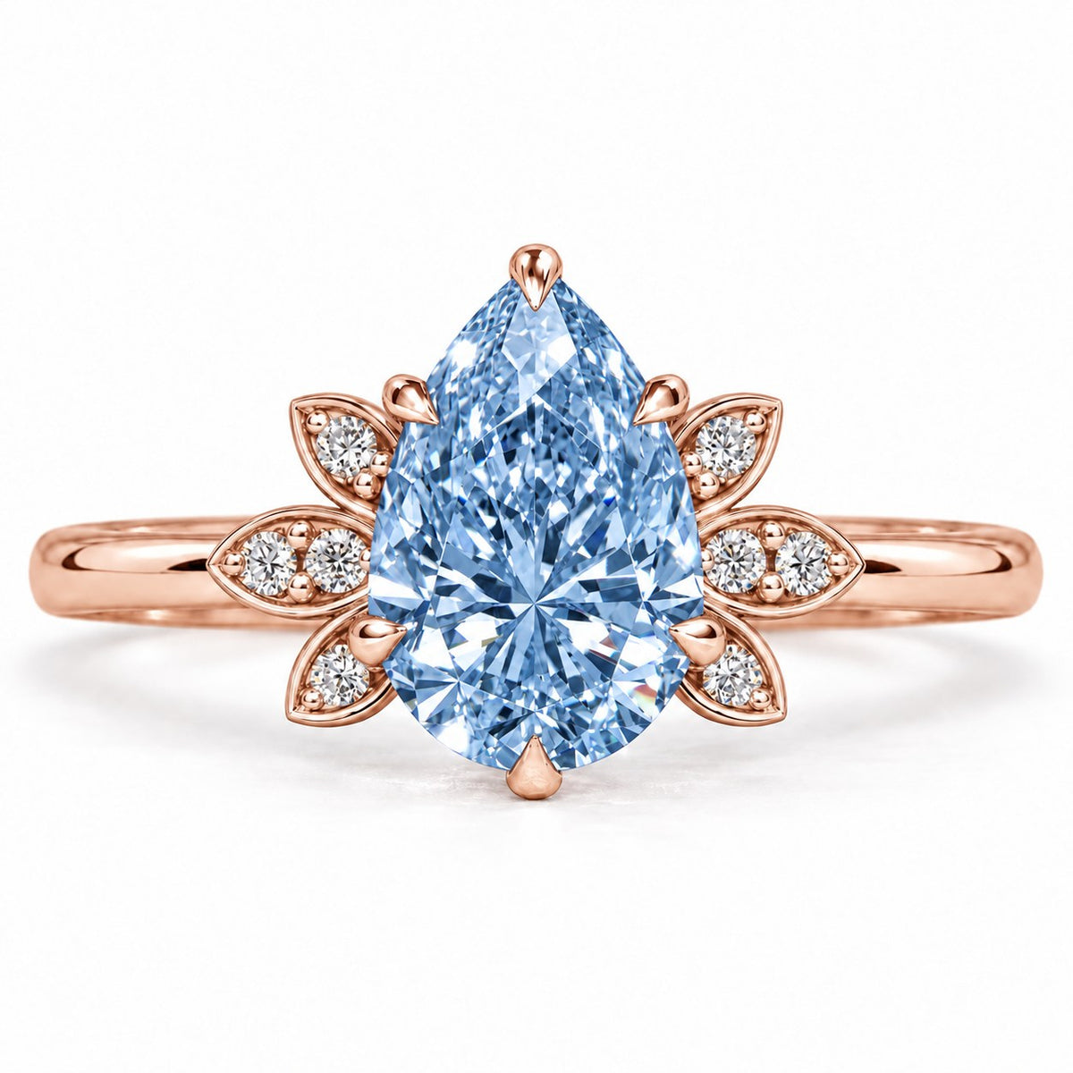 Blue Pear Cut Lab Grown Diamond Engagement Ring - Floral Leaf Accents in rose gold, front view