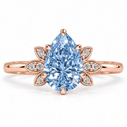 Blue Pear Cut Lab Grown Diamond Engagement Ring - Floral Leaf Accents in rose gold, front view