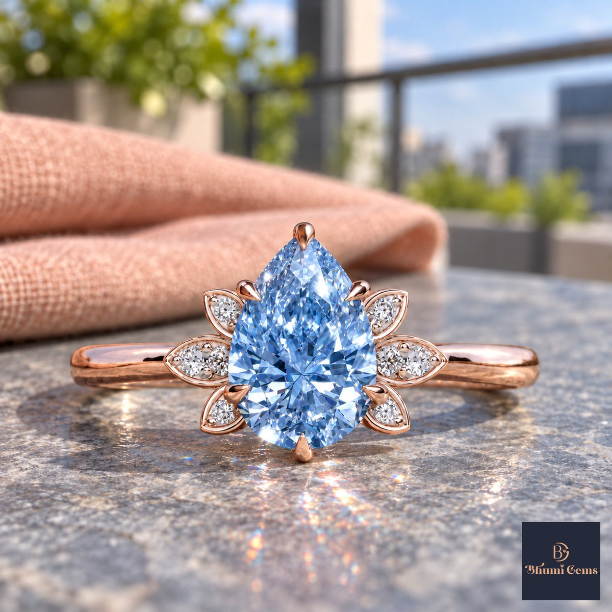 Blue Pear Cut Lab Grown Diamond Engagement Ring - Floral Leaf Accents in rose gold, close-up