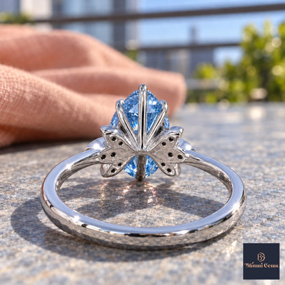 Blue Pear Cut Lab Grown Diamond Engagement Ring - Floral Leaf Accents in white gold, gallery view
